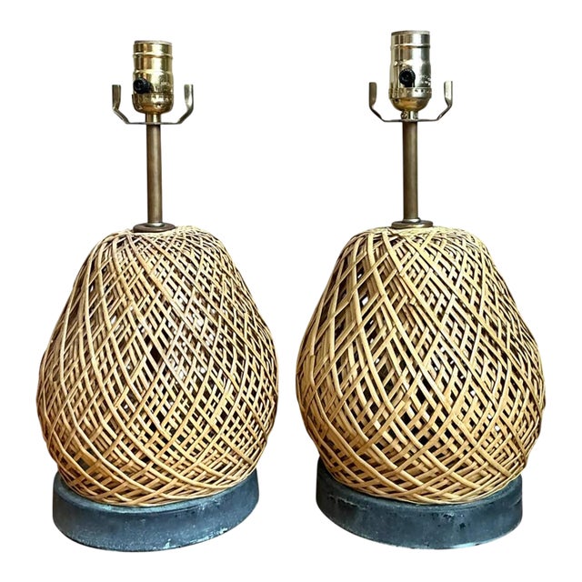 Vintage Rattan and Verdigris Metal Table Lamps - Pair For Sale