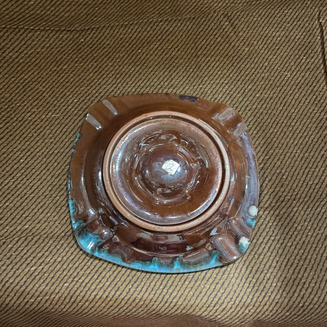 1960s Mid Century Blue and Brown Drip Glaze Ashtray For Sale - Image 5 of 6