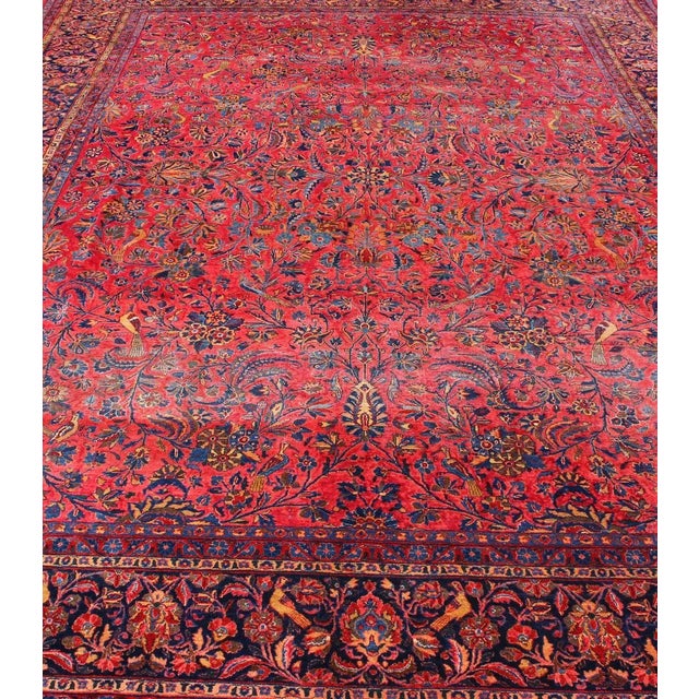 Antique Persian All-Over Kashan Rug With Leaf and Bird Pattern in Red & Blue For Sale In Atlanta - Image 6 of 13