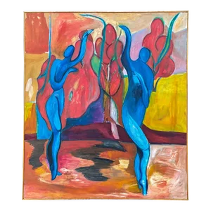 Late 20th-C. Signed Modern Abstract Signed Oil on Canvas -Adam and Eve