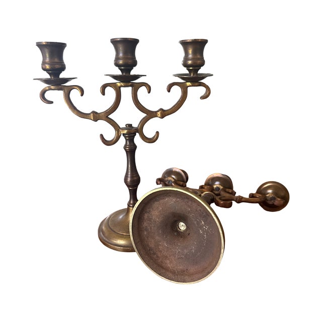 Gothic Mid 20th Century Pair of Heavy Brass Three-Light Candelabra | Dark Academia English Library Style For Sale - Image 3 of 8