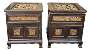 Pair Southeast Asian All-Sides Carved Fruitwood Two-Part Side Table Cabinets