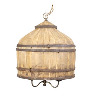 Vintage English Rustic Wooden Barrel Light Fixture with Three Scrolling Arms For Sale