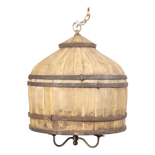 Vintage English Rustic Wooden Barrel Light Fixture with Three Scrolling Arms For Sale