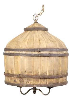 Vintage English Rustic Wooden Barrel Light Fixture with Three Scrolling Arms