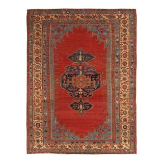 Antique Bakshaish Carpet, Oriental Persian Handmade in Ivory, Blue and Red For Sale