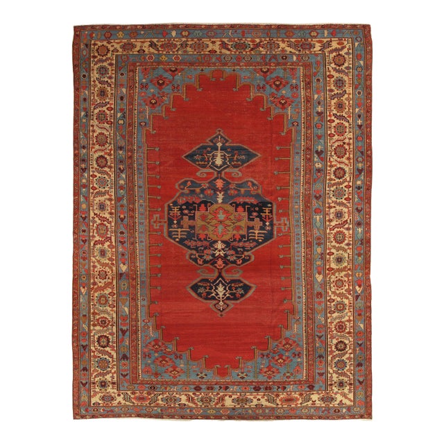 Antique Bakshaish Carpet, Oriental Persian Handmade in Ivory, Blue and Red For Sale