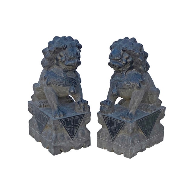24" Chinese Medium Pair Black Gray Stone Fengshui Foo Dog Statues For Sale - Image 13 of 14
