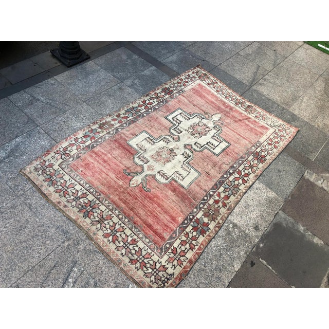1960s 1960s Vintage Tribal Handmade Turkish Faded Rug- 3′8″ × 5′10″ For Sale - Image 5 of 11