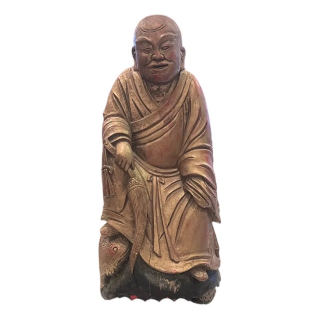 Antique Chinese Wood Hand Carved Monk Figurine For Sale