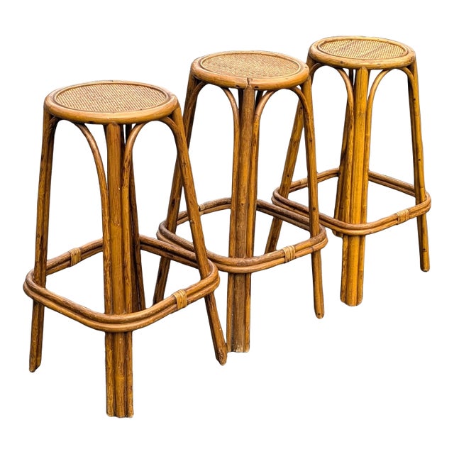 Vintage Bohemian Style Bamboo Stools With Rattan Weaving Seat, 3 Pieces For Sale