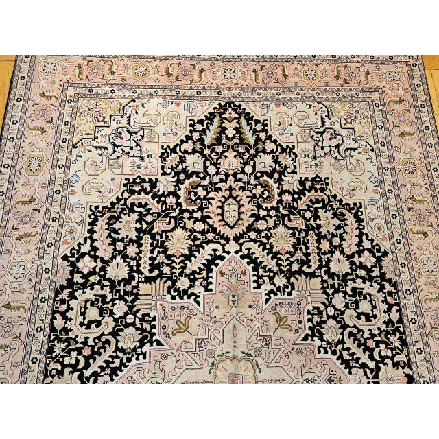 Fine Persian Tabriz Rug, Hand-Knotted Wool & Silk, Geometric Heriz Pattern, Black & Ivory, 7x10 For Sale - Image 10 of 17