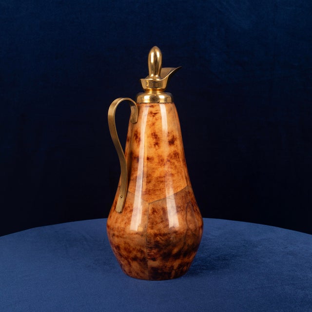 Mid-Century Modern Tobacco-Coloured Parchment and Brass Thermos by Macabo of Cusano Milanino, Italy 1950 For Sale - Image 3 of 17