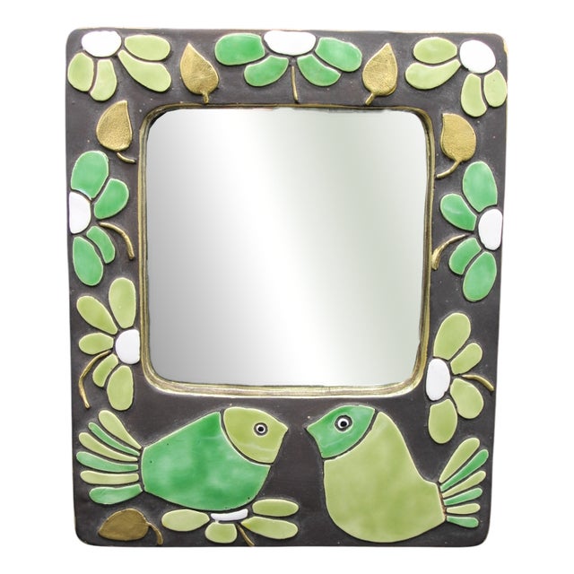 Vintage Mirror in Green Ceramic, 1960s For Sale