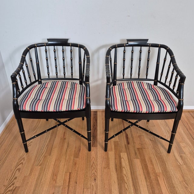 Hollywood Regency Late 20th Century Baker Furniture Attrib. Black & Gold Regency Faux Bamboo Cane Seat Arm Chairs, a Pair For Sale - Image 3 of 11