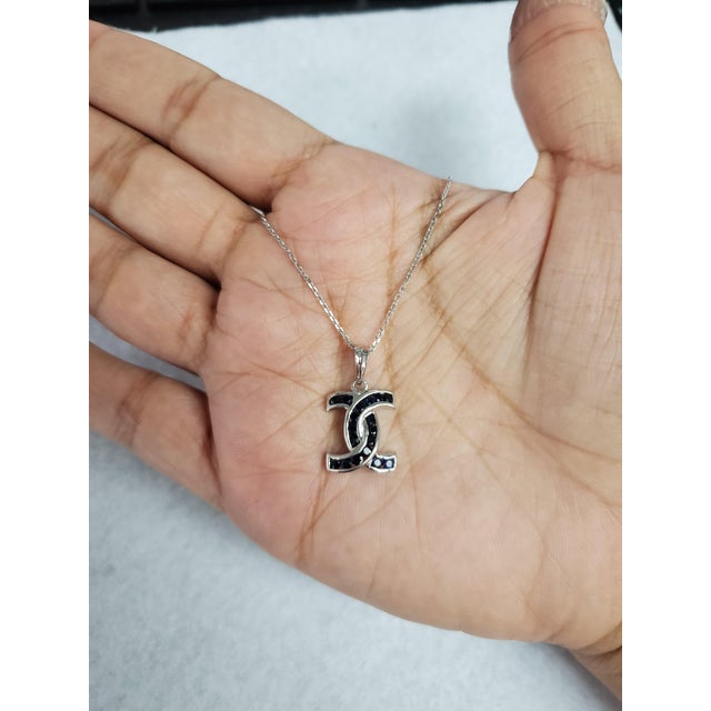 Contemporary Sapphire Double 'C' Necklace 14k White Gold For Sale - Image 3 of 3