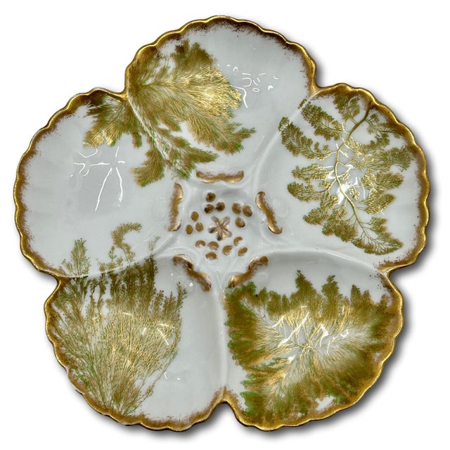 1900 - 1909 Beautiful & Fine Quality 22k Gold & Ferns Decorated Antique French Limoges Porcelain Oyster Plates Set of 7 For Sale - Image 5 of 18