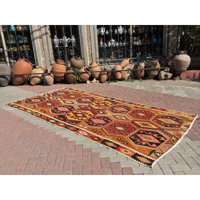 This beautiful, vintage, handwoven kilim is approximately 50 years old. It is handmade, of very fine quality hand spun...