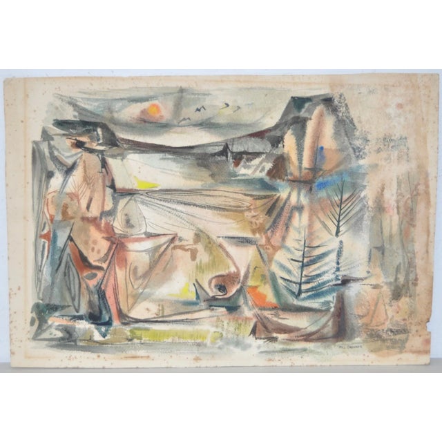 Paint Vintage 1950s Abstract Landscape Watercolor For Sale - Image 7 of 7