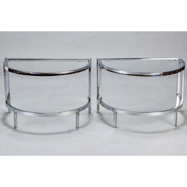 Mid-Century Modern Mid Century Demilune Chrome & Glass Side Tables - Pair For Sale - Image 3 of 8