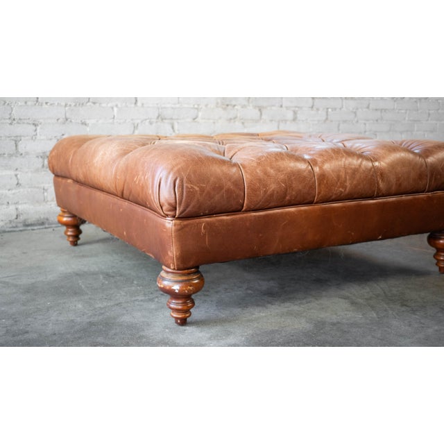 Vintage Thomasville Tufted Distressed Leather Chesterfield Cocktail Ottoman For Sale - Image 9 of 14