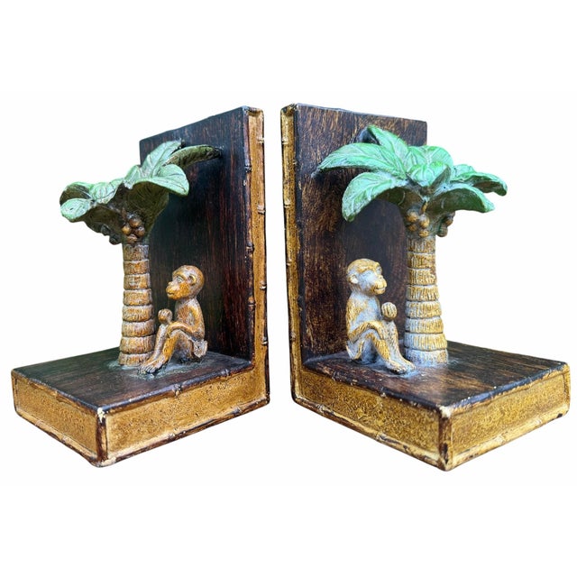 English Vintage Hand-Painted Monkey & Palm Tree Bookends, Pair For Sale - Image 3 of 12