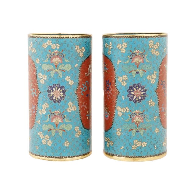 Paint Antique Pair of Japanese Meiji Era Cloisonné Enamel Brush Pots For Sale - Image 7 of 7
