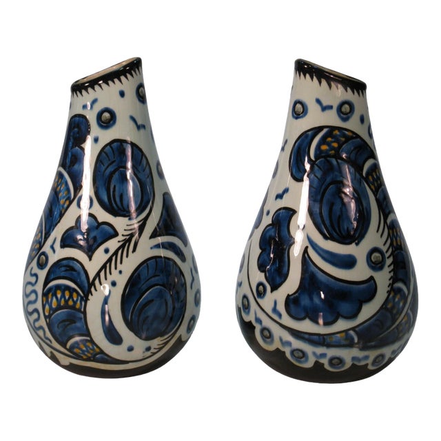 1950s Pair Vases Gouda Pottery Bleu Du Paris, Royal Zuid Holland MCM For Sale