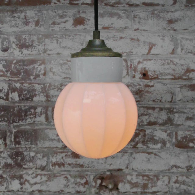 Metal Vintage Industrial White Porcelain & Opaline Glass Brass Pendant Light For Sale - Image 7 of 9
