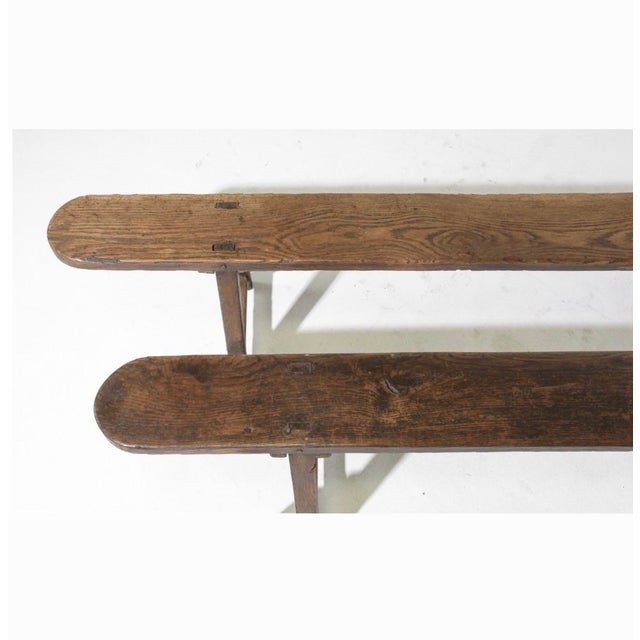 French Pair of Solid Oak Farmhouse Benches c.1900-1920's - 17 in tall x 87.5 x 13.5 - Seat depth is 7.5 inches