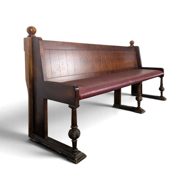 Art Deco Brasserie Bench in Oak and Burl Wood with Burgundy Imitation Leather Seat, 1930s For Sale - Image 13 of 13
