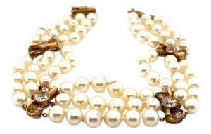 Mikimoto Diamond 14k Yellow Gold Triple Strand Akoya Pearl Bracelet
