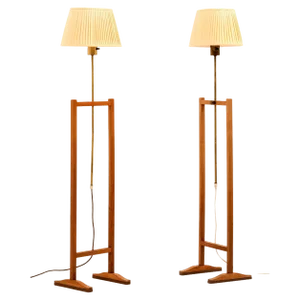 Floor Lamps in Cherrywood and Brass with Lamp Shades attributed to Josef Frank, 1950s, Set of 2