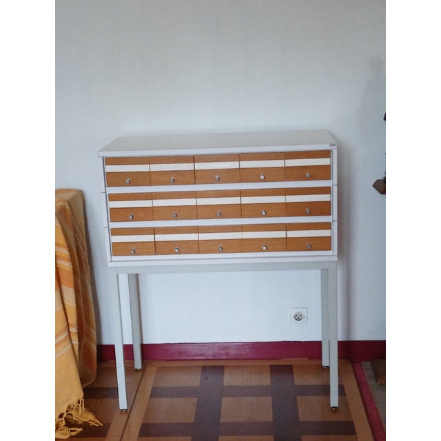 Mid-Century French Oak and White Lacquered Metal Filing Cabinet by G. Borgeaud, 1960s For Sale - Image 4 of 5