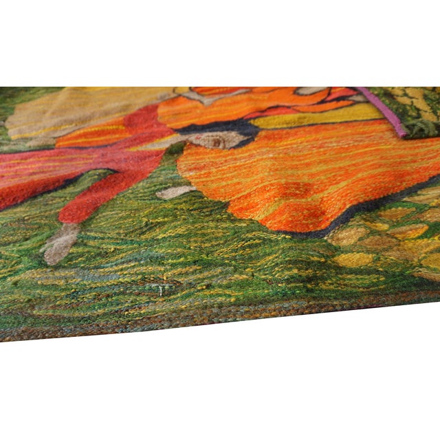 Late 19th Century 1875s Green Women Dancing Antique French Tapestry Rug 1875 Flatweave Wool Carpet For Sale - Image 5 of 8