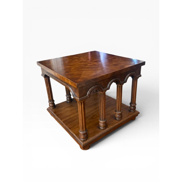 Hollywood Regency Pair of Drexel Classic Court Burl Walnut Arcaded End Tables With Glass Tops, 1975 For Sale - Image 3 of 13