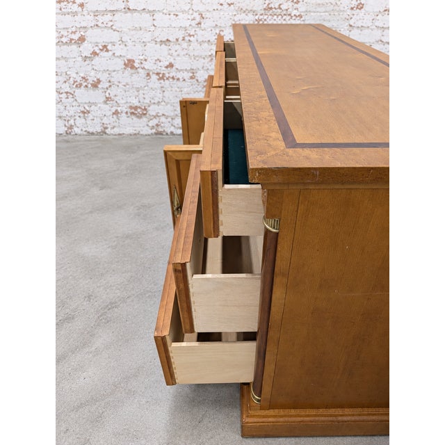 Wood Vintage Art Deco Stanley Furniture Solid Wood Triple Dresser/Credenza With Maple Accents For Sale - Image 7 of 8