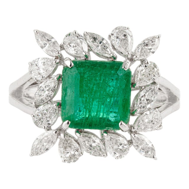 18k Gold 2.85ct Square Emerald & 1.19ct Diamond Cocktail Ring Size 6- Heirloom Jewelry For Sale
