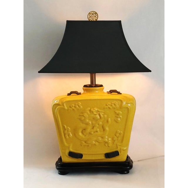 Late 20th Century Lamp Vintage Chinese Imperial Yellow Crackled Porcelain & Shade For Sale - Image 5 of 17