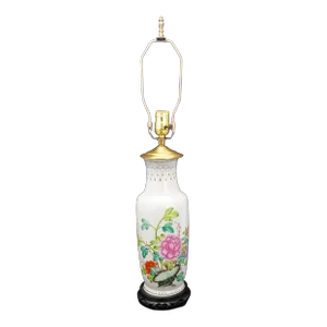 Chinese Polychrome Peony Vase Lamp Republic Period