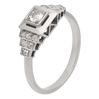 1930s French Art Deco Diamond 18k White Gold Ring, Size 6.5 For Sale