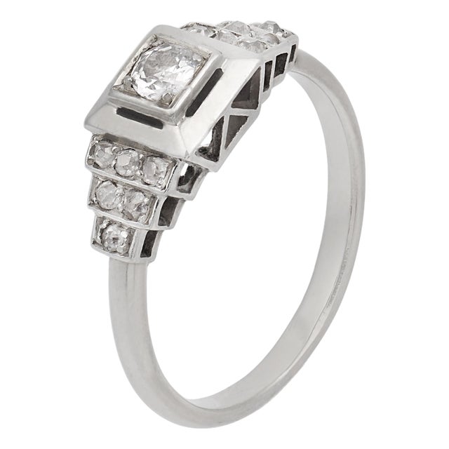 1930s French Art Deco Diamond 18k White Gold Ring, Size 6.5 For Sale