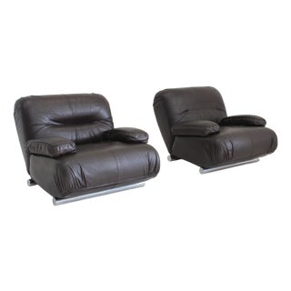 Vintage Lounge Chairs in Brown Leather by Giuseppe Munari, 1970s, Set of 2 For Sale