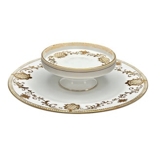 Vintage Nippon Hand Painted Porcelain Tiered Tidbit Tray With Gold Filigree and Lattice Design For Sale