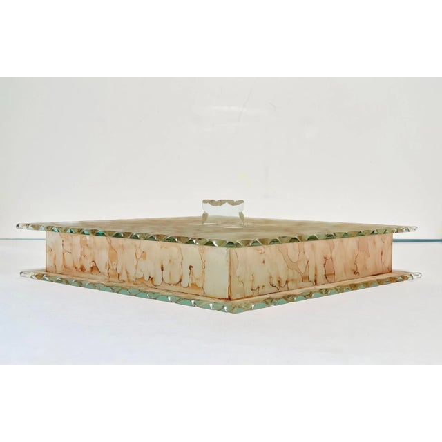 This vintage Murano Italian glass diamond shaped large covered box measures 19” wide. Box bears original label Creazioni...