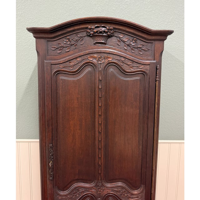 Antique French Louis XV Style Armoire Cupboard Linen Cabinet Bonnetiere Oak For Sale - Image 15 of 18