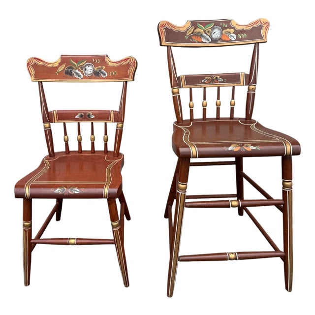 Vintage Amish Hand-Painted Folk Art Wooden Chairs – Set of 2, Country Style For Sale