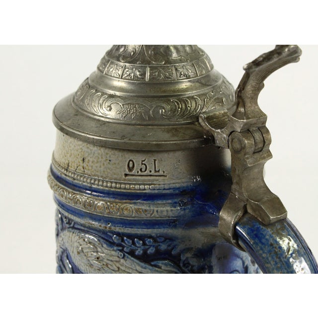 1880's Blue on Gray Stoneware Beer Stein With Pewter Lid 0.5l Westerwald Germany For Sale - Image 10 of 14