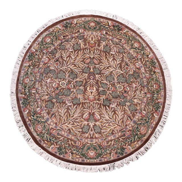 Boho Chic 1990's Floral Pak-Persian Brown/Beige Wool Round Rug - 6'2'' X 6'6'' For Sale