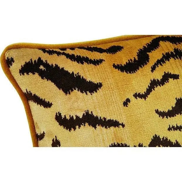Stunning custom-tailored pillow in Italian handloomed Scalamandré "Le Tigre" tiger print silk velvet fabric. Pillow's back...